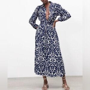 Zara Emilie Viscose Printed Damask Midi Dress Size M Navy White Long Sleeves